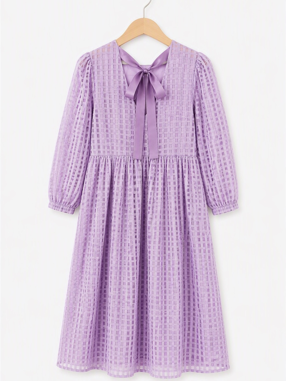 LOOWÔ Mauve Grid Gingham Textured Puff Sleeve Midi Dress M Cottagecore - Picture 5 of 8